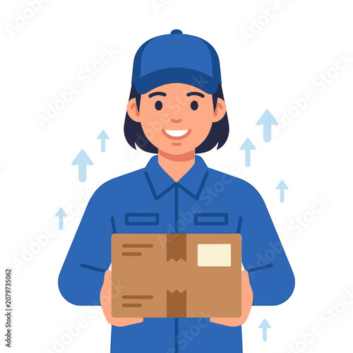 Female courier holding package box in blue uniform