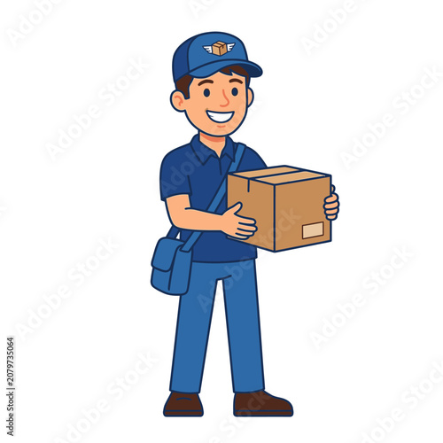 Friendly Delivery Man Holding a Cardboard Box Vector Character