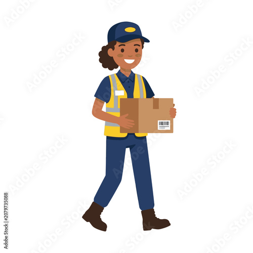 Female courier walking with cardboard box package delivery vector