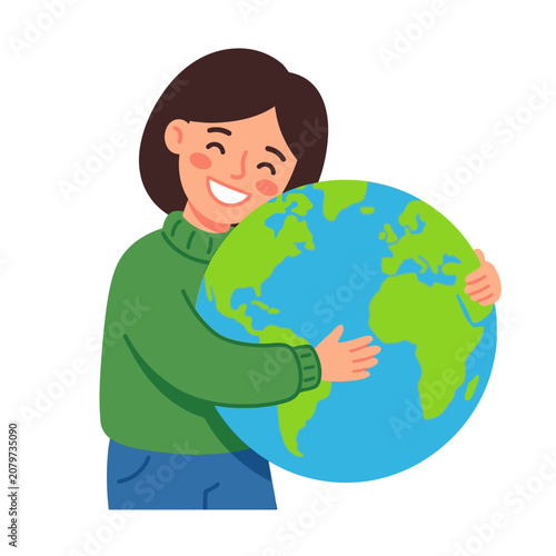 Happy woman hugging planet earth globe illustration