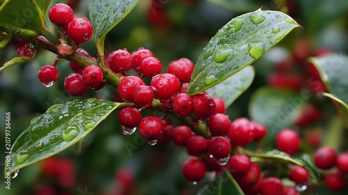 Bright red holly berries with water droplets on green leaves in close-up