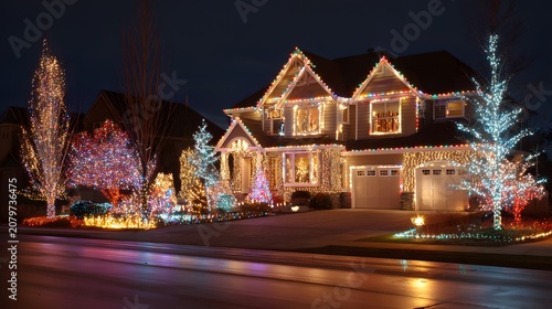 A beautifully decorated house glows with colorful lights at night