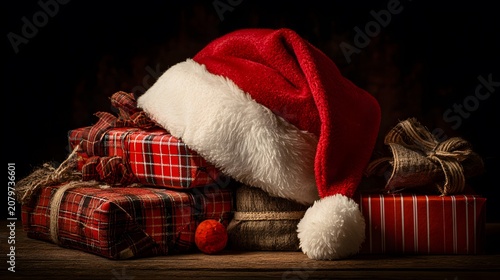 Stack of festive presents with a Santa hat resting on top