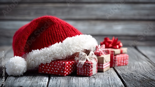 A festive red and white Santa hat sits beside several wrapped gift boxes on a rustic wooden table.