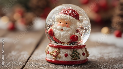 A festive Santa Claus snow globe stands on a rustic wooden surface with scattered snow and blurred lights.