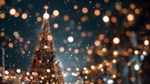 A brightly lit outdoor tree with a star on top stands in the night with falling snow and bokeh lights.