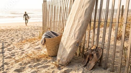 Surfboard in protective bag with beach basket and sandals leaning against wooden fence on sandy beach at sunset for coastal lifestyle