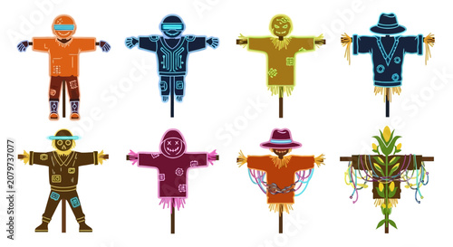 Foto Set of Colorful Cartoon Scarecrow Characters for Farm and Garden