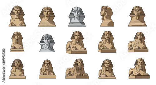 Canvastavla Set of Egyptian Sphinx Statues and Busts Vector Illustrations
