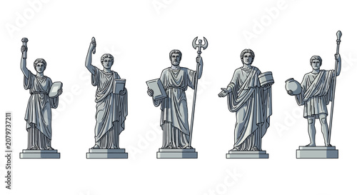 Canvastavla Set of Five Ancient Roman Style Statues in Grey Stone