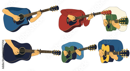 Obraz na plátně Set of Illustrations Showing People Playing Acoustic Guitars