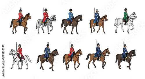 Obraz na plátně Set of Historical Cavalry Soldiers on Horses Vector Illustration