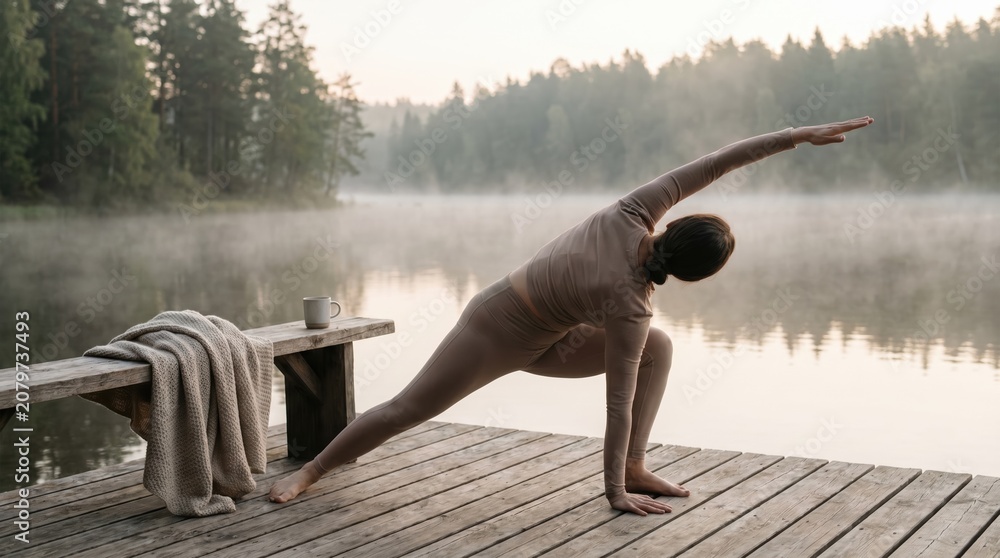 Fototapeta premium Young woman practicing extended side angle yoga pose on wooden dock by misty lake at sunrise for mindful morning wellness routine