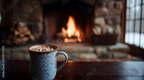 A warm mug of cocoa sits on a wooden table in front of a cozy fireplace with a roaring fire
