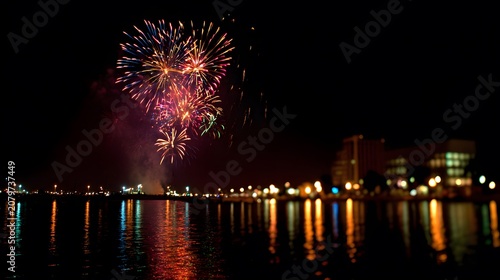 Colorful fireworks explode over a calm water body reflecting city lights at night