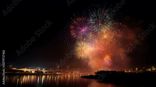 Vibrant colorful fireworks explode in the night sky above a city skyline reflected in a dark river