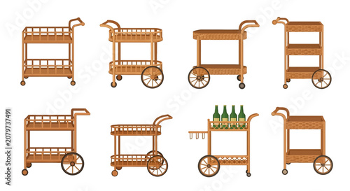 Set of Wooden Serving Carts and Bar Trolleys