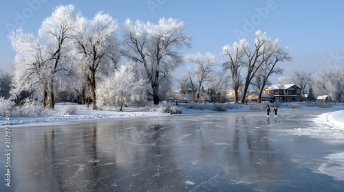 Two people ice skating on a frozen lake surrounded by snow-covered trees and a house in the distance on a clear day