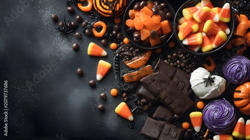 Assortment of spooky candy and treats scattered surface
