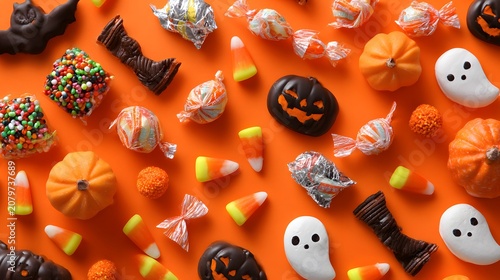 A festive assortment of candies and decorations are scattered across an orange background
