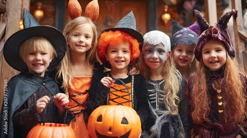 Six smiling children dressed in costumes pose for a photo in front of a decorated porch