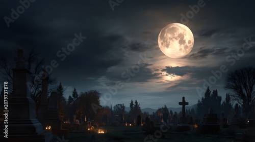 eerie graveyard at night with a large full moon casting light on tombstones and crosses