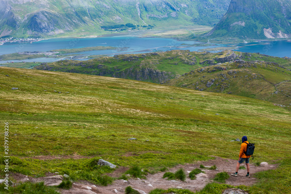 Obraz premium Hiker in Orange Jacket Overlooking Lofoten Islands Mountain Valley and Fjord