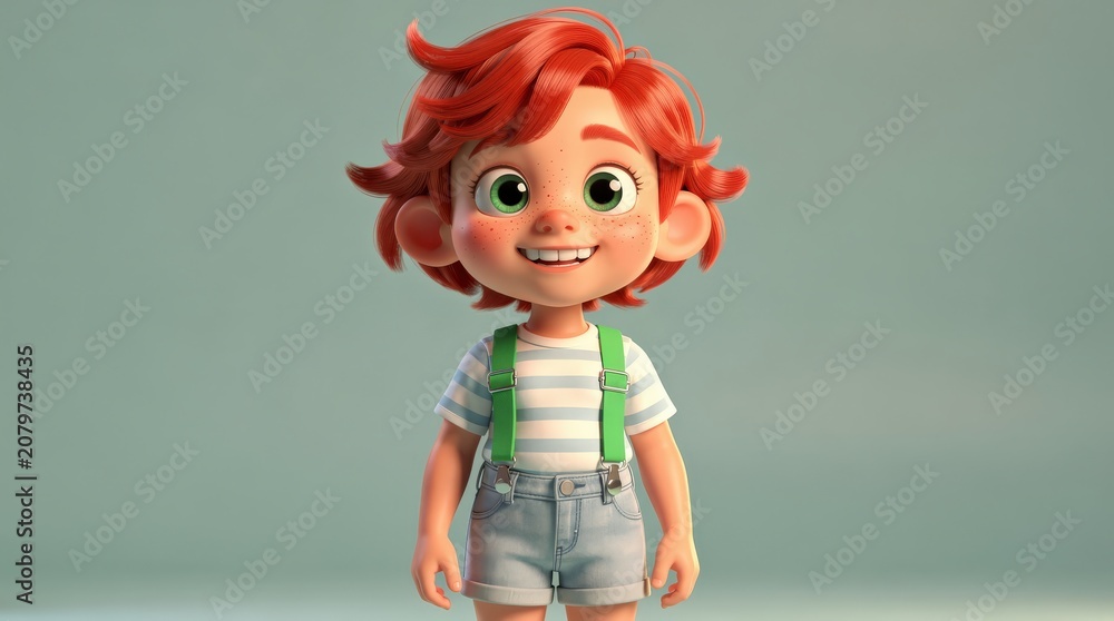 Fototapeta premium A cheerful red-haired animated child with green eyes, freckles, and striped shirt wearing green suspenders and denim shorts stands smiling against a neutral background.
