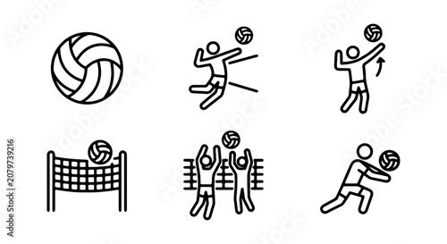 Volleyball Icons Set, Sport Action Graphics, Team Play Vector Illustrations, Beach Game Symbols