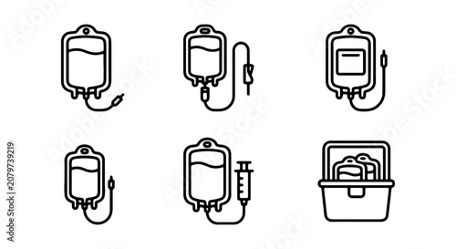 IV Drip Bag Icons, Medical Infusion Set Graphics, Healthcare Fluid Therapy Vector Collection