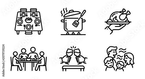 Dinner Party Icons: Festive Gathering, Celebration Meal, Family Feast, Social Event Vector Set