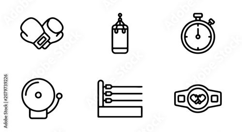 Boxing Icons Set: Gloves, Punching Bag, Stopwatch, Bell, Ring, Championship Belt