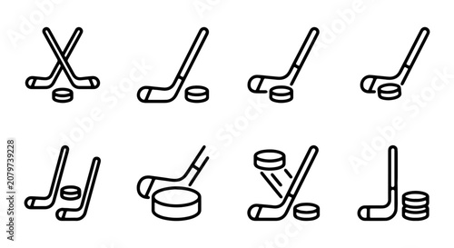 Ice Hockey Stick and Puck Icons, Sport Equipment Vector Set, Winter Game Elements