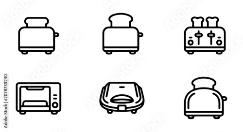 Toaster Icons Set, Kitchen Appliance Vector Graphics, Breakfast Cooking Equipment, Modern Outline Design