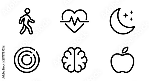 Healthy Lifestyle Icons Set: Walking, Heartbeat, Sleep, Meditation, Brain, Apple