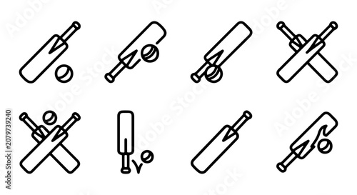 Cricket Bat and Ball Icons, Sport Equipment Vector Graphics, Game Symbols Set