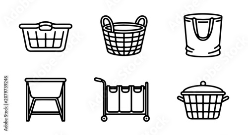 Laundry Basket Icons Set, Clothes Hamper Collection, Storage Container Vector Graphics