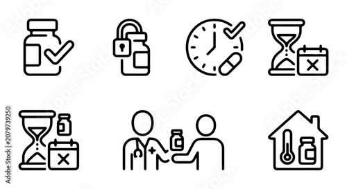Medical Icons Set: Pharmacy, Time, Doctor, Health, Medicine, Healthcare, Vector Graphics