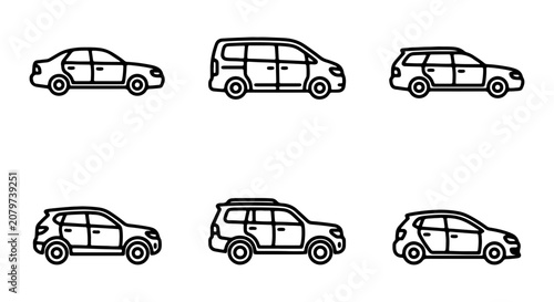 Diverse Vehicle Icons Set: Cars, SUVs, Minivans, Wagons, Hatchbacks, Sedans