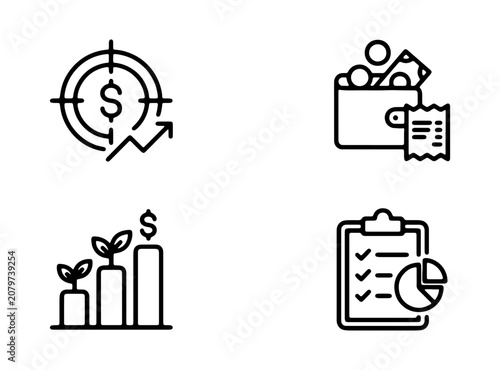 Financial Growth Icons: Target, Wallet, Chart, Clipboard, Business Finance Vector Set