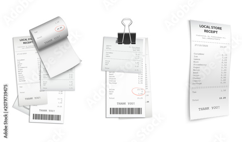 Foto Set of realistic paper shopping receipts with printed transactions and price tot