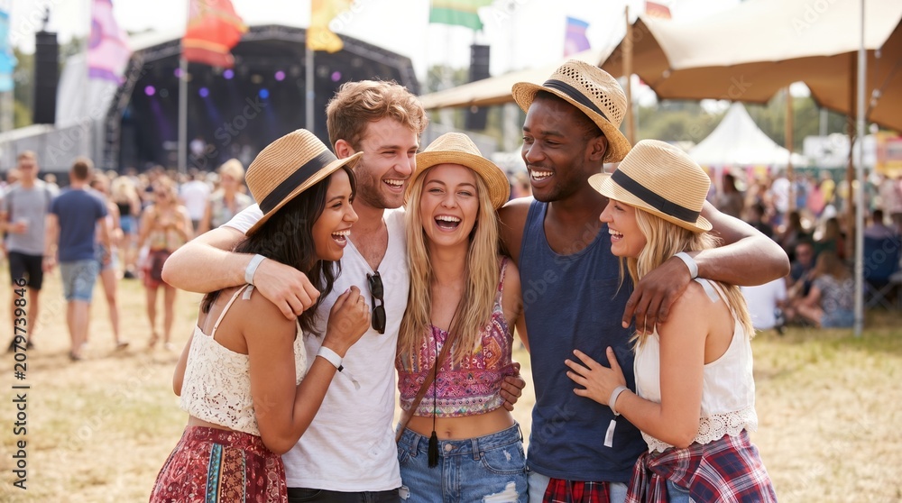 Obraz premium Group of diverse young adult friends laughing and embracing at an outdoor summer music festival wearing fedora hats and casual clothing