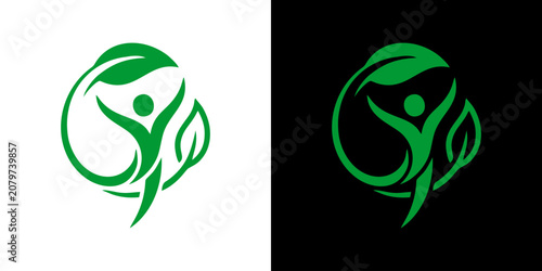 Green health and wellness logo with human figure and leaf elements, symbolizing vitality and natural well-being