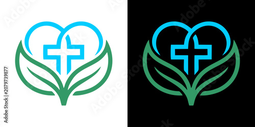 Fotografie Christian faith medical cross and green leaf heart logo icon for healthcare and