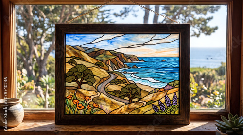 framed stained glass window California landscape designed to be hung in a window, often using a chain
