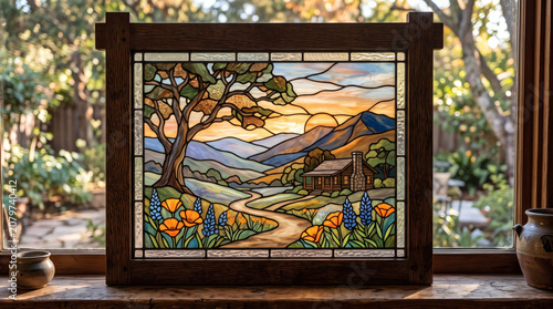 framed stained glass window California landscape designed to be hung in a window, often using a chain