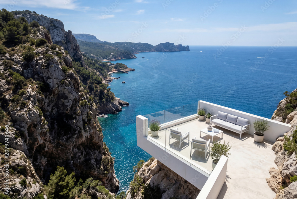 Fototapeta premium Modern white balcony lounge on coastal cliff overlooking sea
