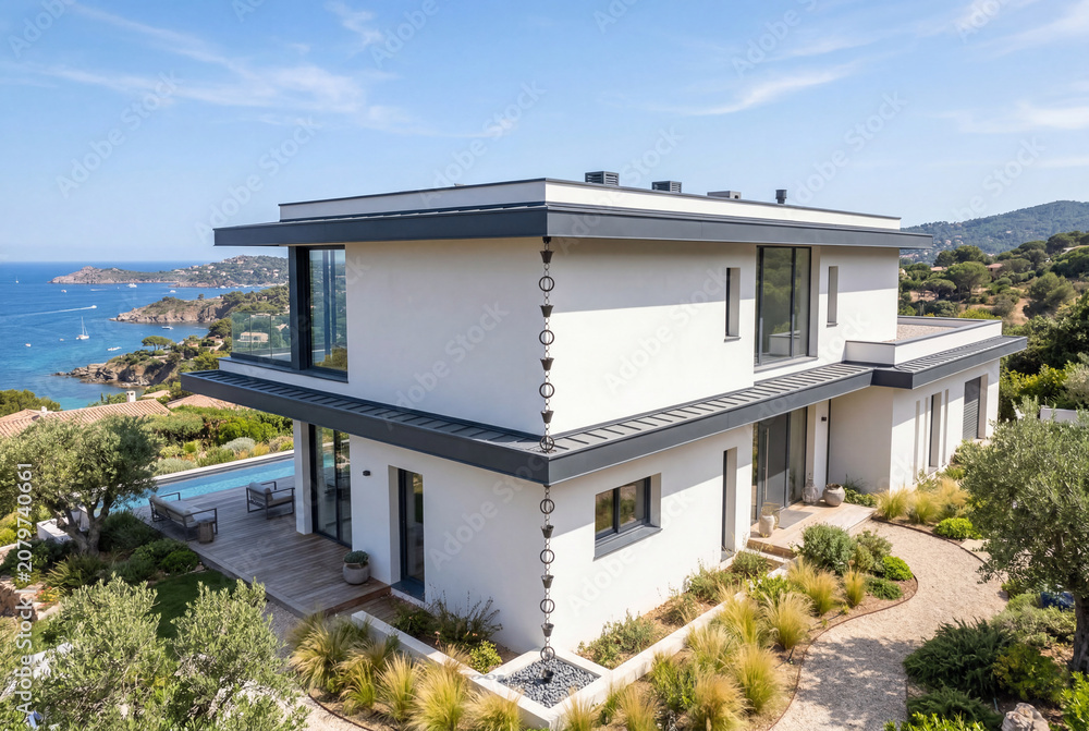 Fototapeta premium Contemporary house with rain chain and dark grey eaves
