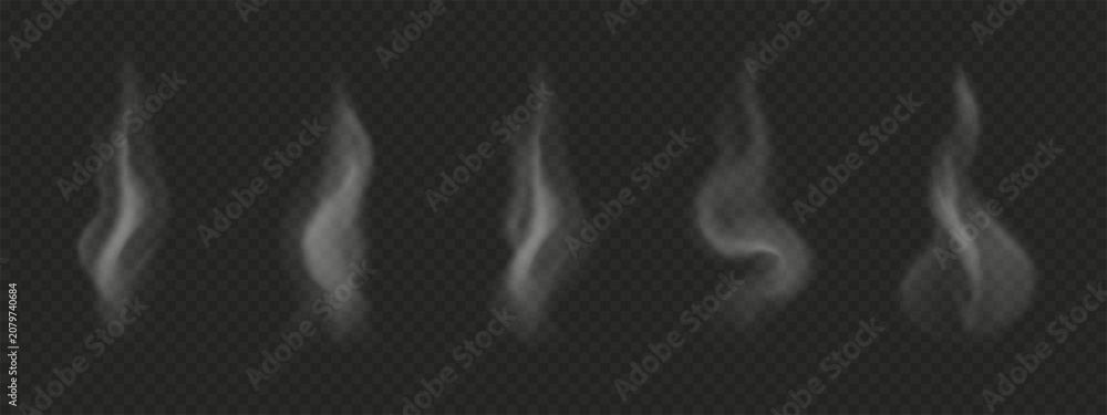 Fototapeta premium Vector vertical smoke from hot food and coffee. Wavy semi transparent steam isolated on dark background