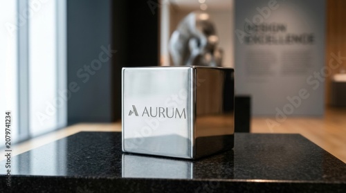 Polished metal cube trophy with aurum logo displayed on a black pedestal in a modern design exhibition for branding and corporate display background